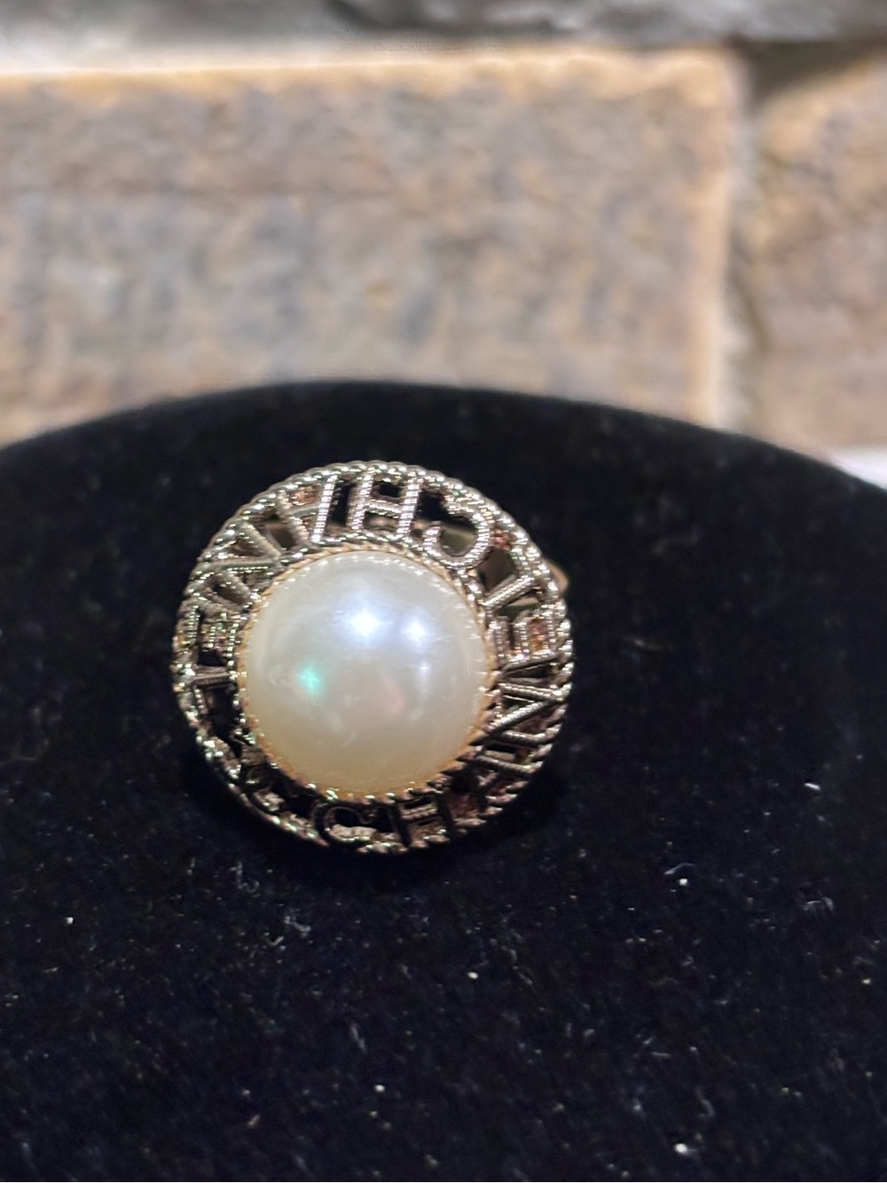 Pearl-Center Gold-Tone CC Designer Statement Ring